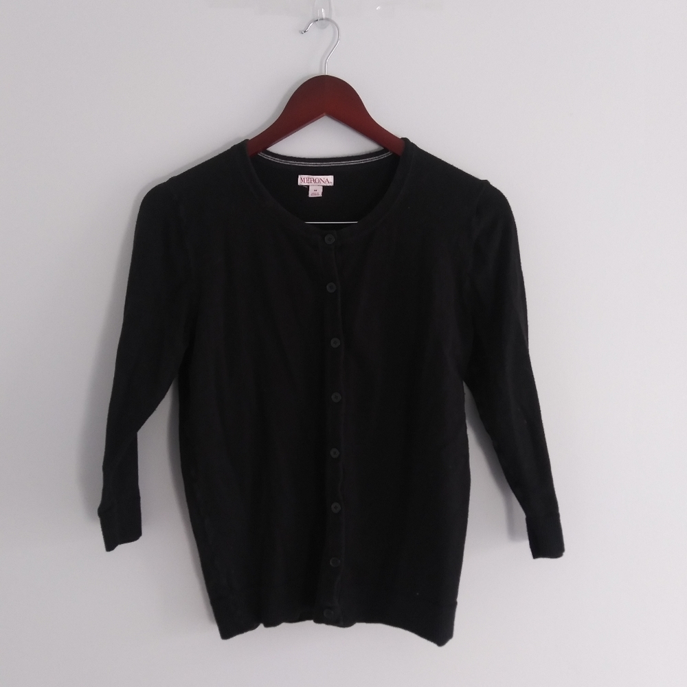 Merona SZ M  Cotton Black Cardigan Sweater Front Buttons Long Sleeved